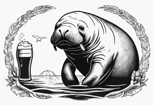 a manatee drinking beer while chilling on the beach tattoo idea