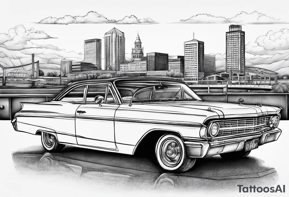 old school car parked looking into the sacramento skyline tattoo idea