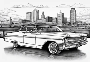old school car parked looking into the sacramento skyline tattoo idea