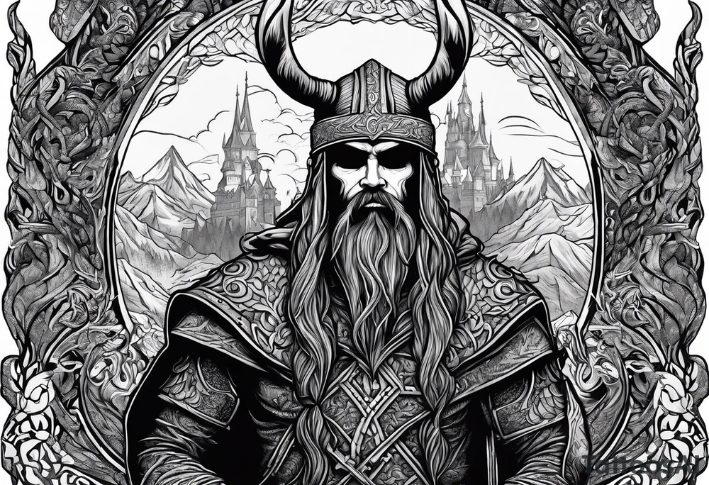 Hooded viking in the land of the dead riding on a stag with no face tattoo idea