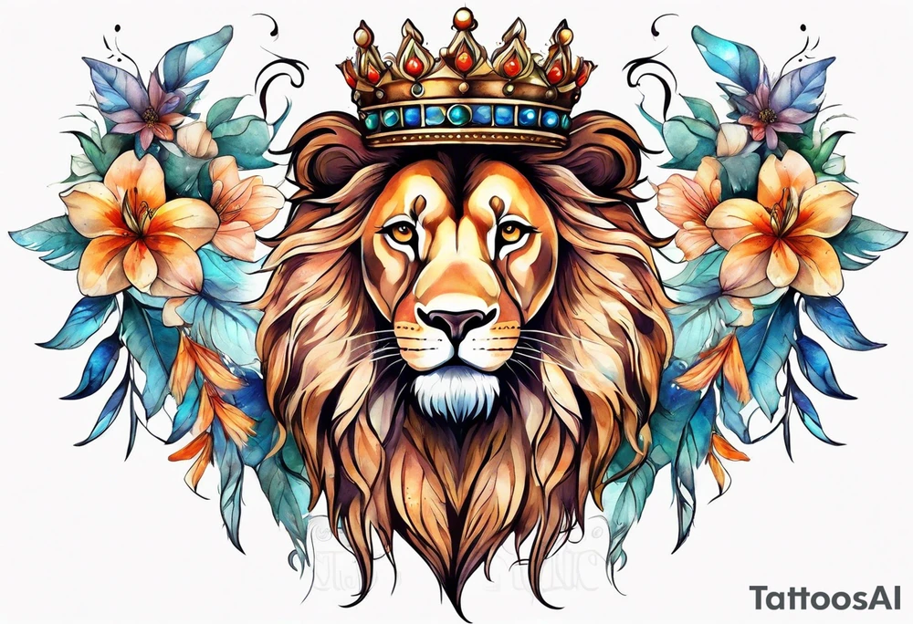 lion mane made of feathers covered in lilies and butterflies crown tattoo idea