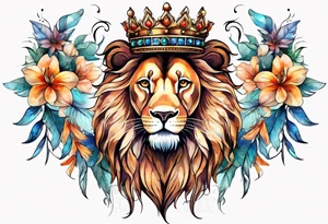 lion mane made of feathers covered in lilies and butterflies crown tattoo idea