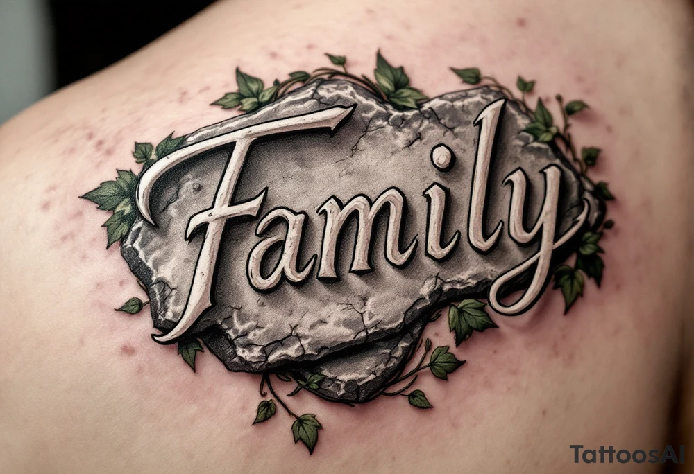 The word family engraved into a stone motif in gray ink, with ivy in muted green wrapping around. tattoo idea