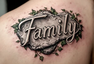The word family engraved into a stone motif in gray ink, with ivy in muted green wrapping around. tattoo idea