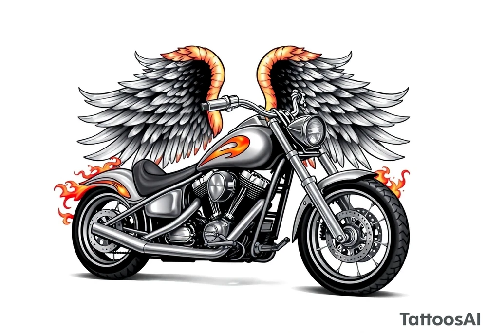 Low rider grey motorcycle, flames, angel wings tattoo idea