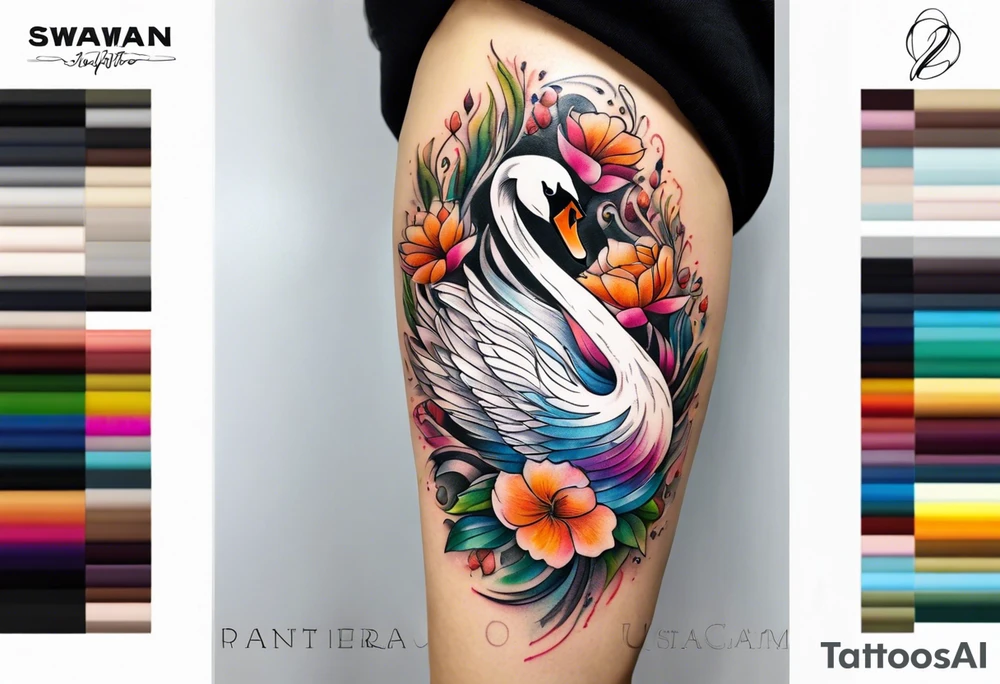 Colorful swan tattoo with flowers tattoo idea