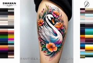 Colorful swan tattoo with flowers tattoo idea
