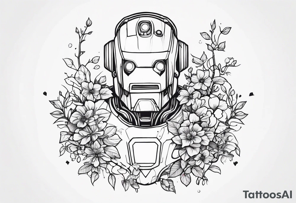 Abandoned Robot covered in flowery vines, forearm tattoo tattoo idea