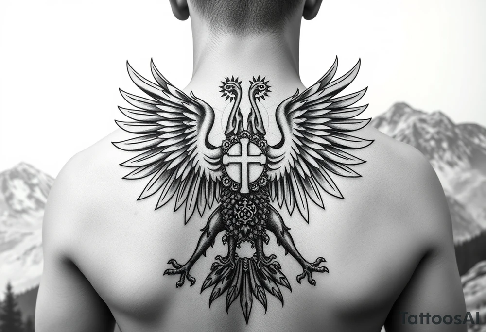 i am looking at getting a russian / serbian style double headed eagle like the coat of arms spread out on my back neck across my shoulders / traps in a orthodox christian church style setting with a sun beaming and in a mountainous setting, such as a Sovereign of the Mountain and an orthodox church in the background with the russian orthodox cross spire of the orthodox church being visible on my neck with a sun beaming in the background that the cross sits inside tattoo idea