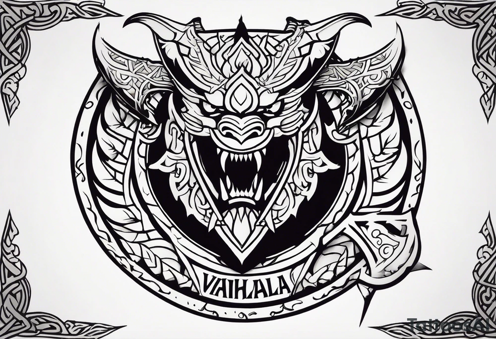 Valhalla sword shield dragon head axe viking church tattoo idea