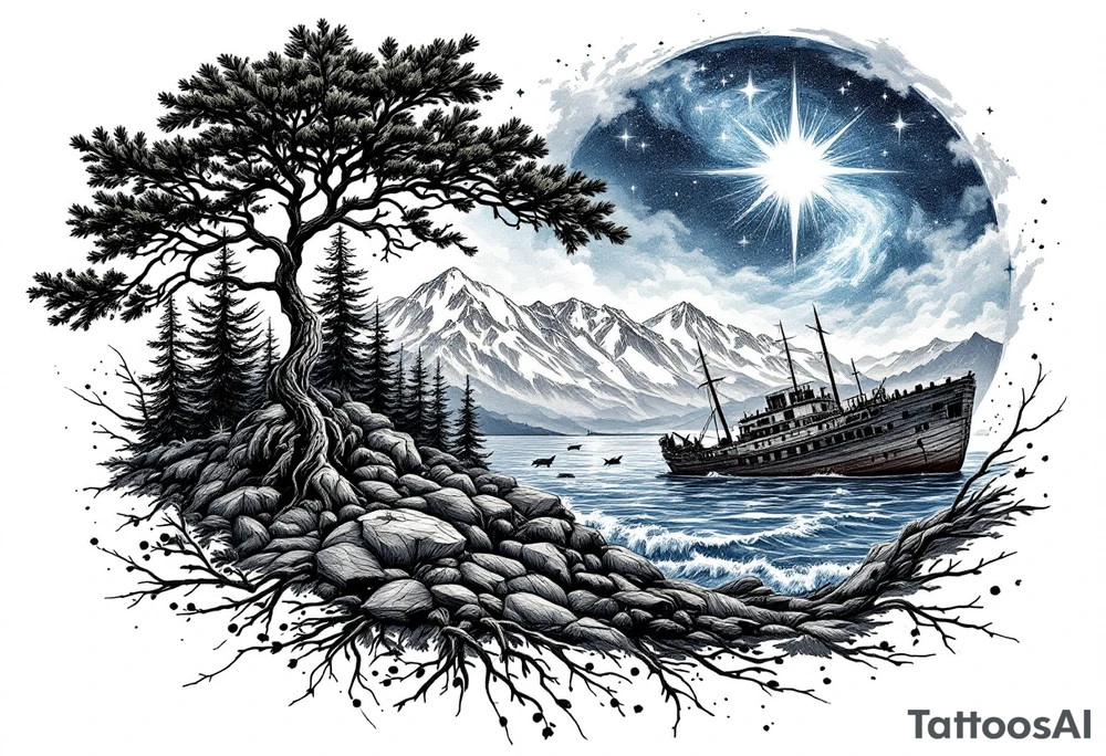 tattoo that has an acacia tree with forest mountains, ocean with a ship wreck with sharks and the bright northern star tattoo idea