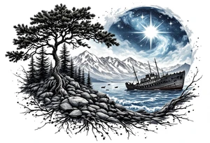 tattoo that has an acacia tree with forest mountains, ocean with a ship wreck with sharks and the bright northern star tattoo idea