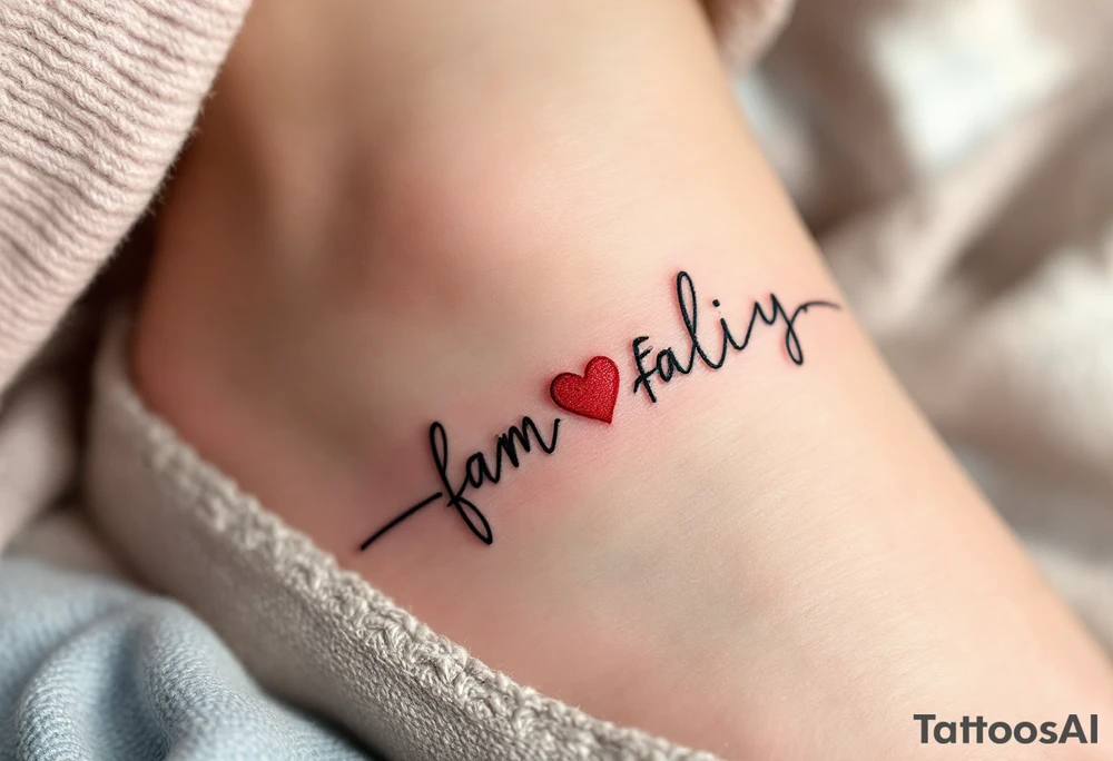 A heartbeat line forming the word family in black, with a small red heart at the center. tattoo idea