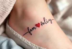A heartbeat line forming the word family in black, with a small red heart at the center. tattoo idea