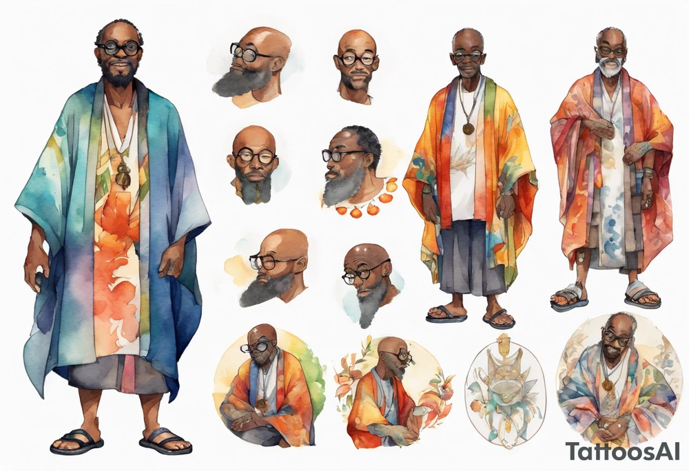 a middle-aged medieval black man wearing round glasses, wearing colorful robe, wearing sandals tattoo idea
