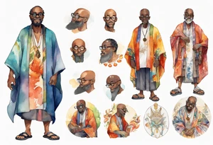 a middle-aged medieval black man wearing round glasses, wearing colorful robe, wearing sandals tattoo idea