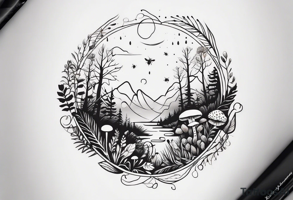 forest floor inspired minimalist tattoo, which includes grass, curly ferns and dead leaves as the bulk of the tattoo. details to include: three very tiny strawberries, a tiny bumblebee flying nearby, three small brown mushrooms
Generate a vertically long one tattoo idea
