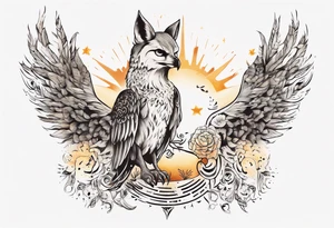 halb 
Fuchs halb Eule unter der Sonne mit dem Schriftzug Sapere Aude tattoo idea