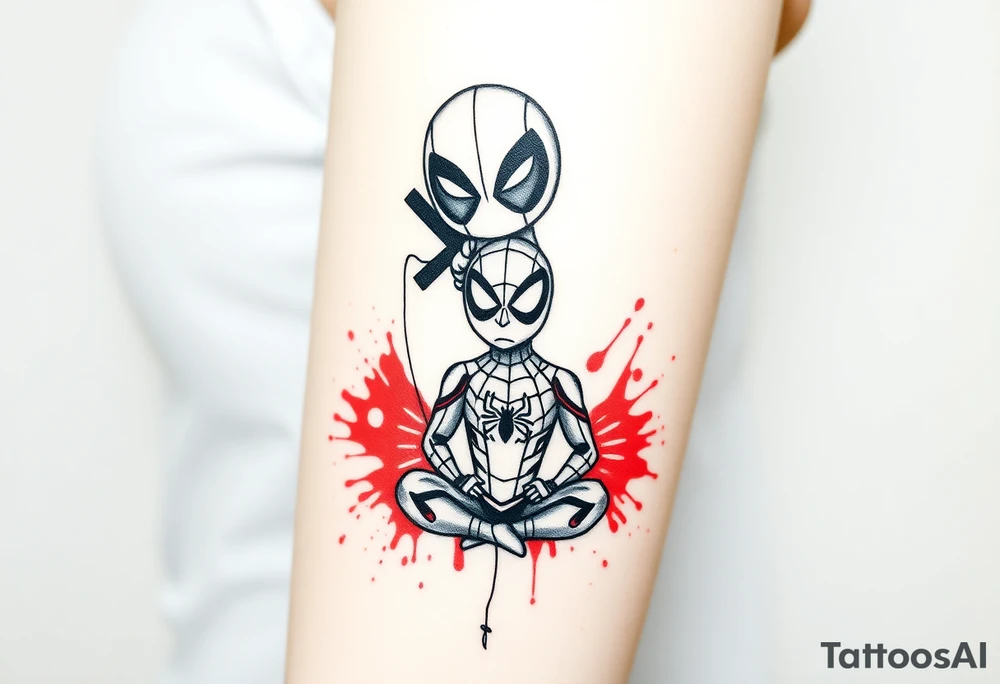 A vertical stacked tattoo design for a half-sleeve on a white background. At the top is a chibi Deadpool character in a bold ink sketch style. At the bottom is a chibi Spider-Man character sitting cross-legged in a loose pencil sketchbook style. High contrast black and grey shading. The two characters are connected by loose, energetic sketch lines and a thin spiderweb thread hanging between them. Dramatic, stylized splashes of bright, vibrant watercolor red ink splatter bursting out around both characters' suits, bleeding into the negative space. Tattoo flash sheet style, crisp linework. tattoo idea