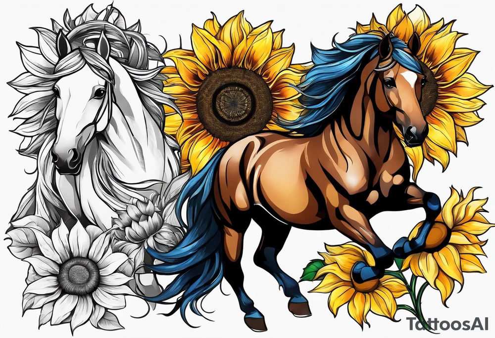 Horse, compass, sunflower tattoo idea