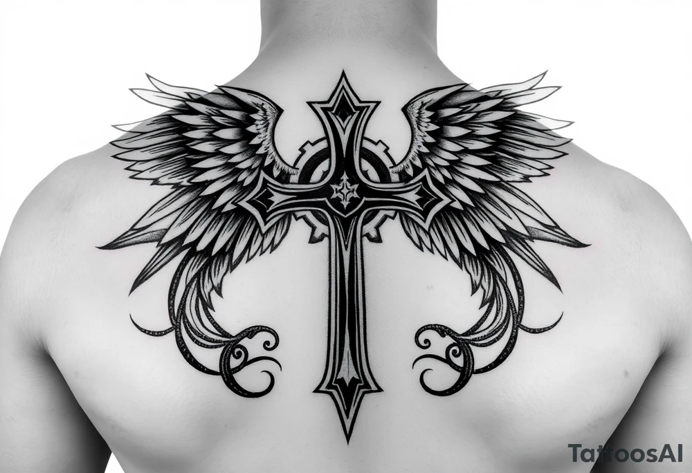 templar cross with angel wings mystical esoteric background on upper arm with tribal surround tattoo idea