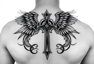 templar cross with angel wings mystical esoteric background on upper arm with tribal surround tattoo idea