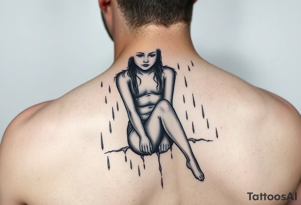 A girl sitting in the rain  letting the rain take her away as it pours as she’s fading tattoo idea