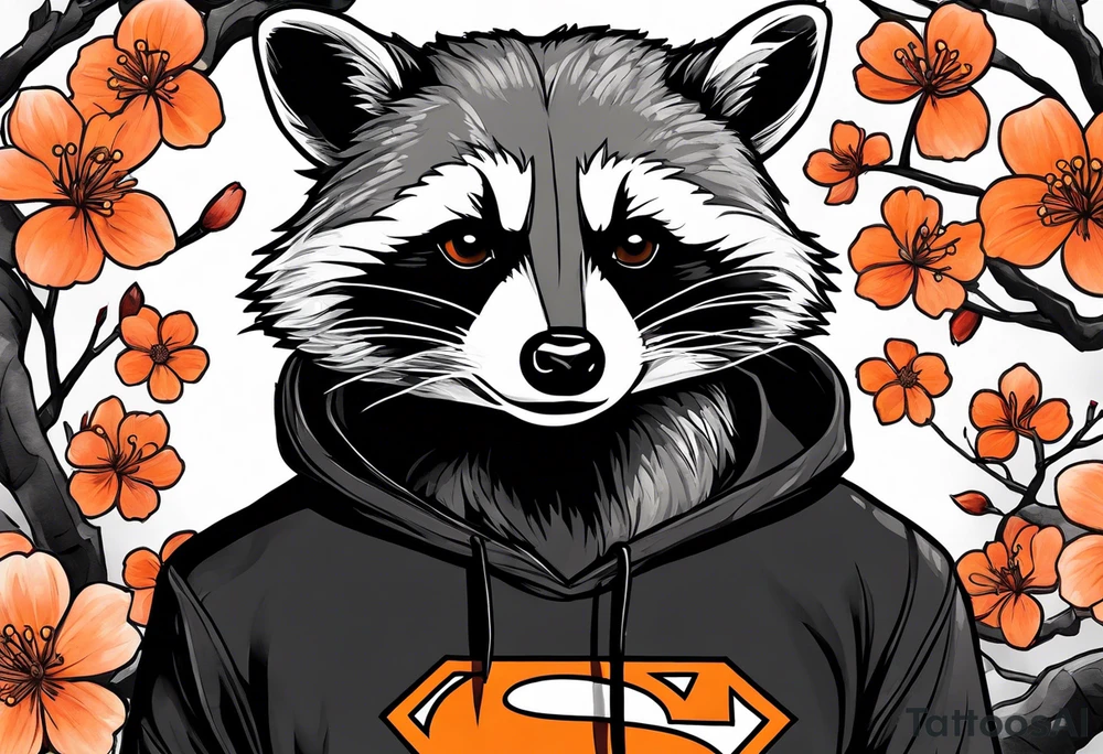Raccoon wearing a white Superman logo on a black hoodie and orange Japanese cherry blossoms beside tattoo idea