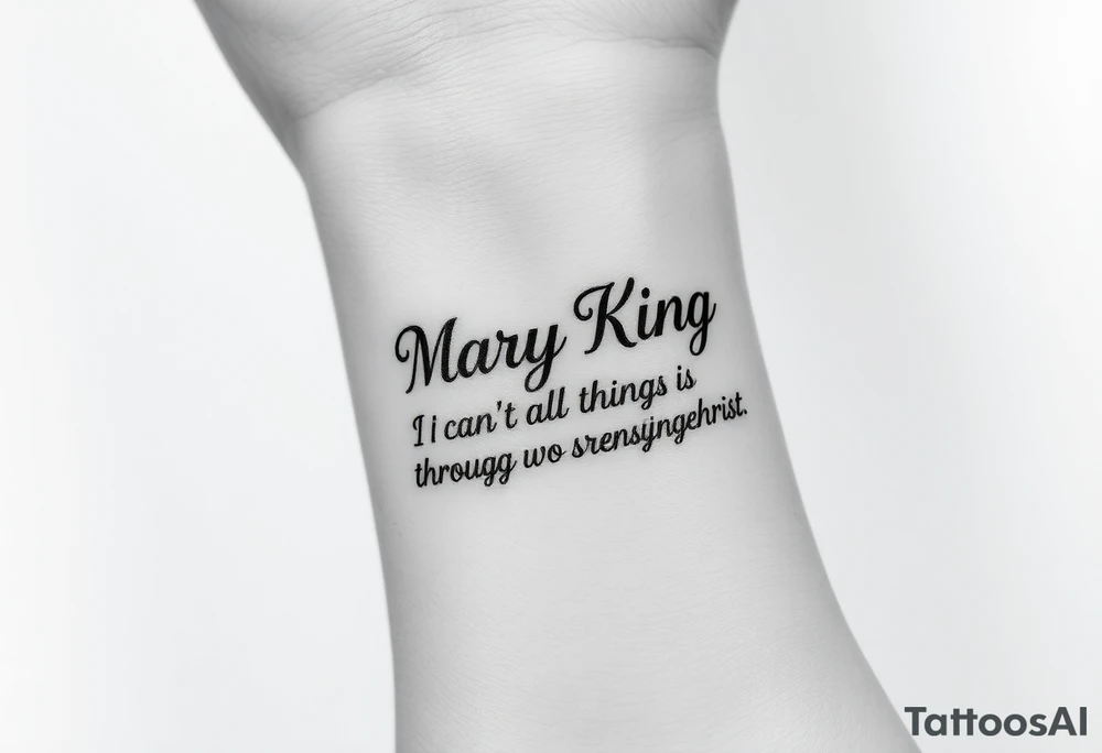 generate a pretty tattoo on my wrist with the name mary king and the bible verse “i can do all things through christ who strengthens me” and the verse tattoo idea