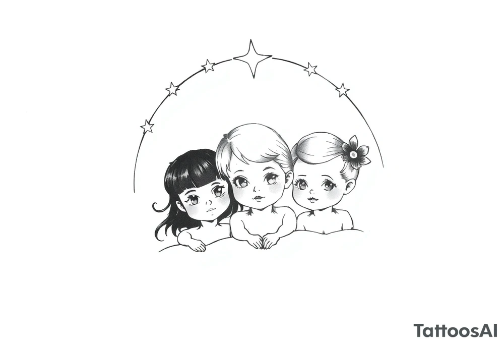 3 petites filles ( une cheveux noir et deux blondes)
sous un arc en ciel incomplet tattoo idea