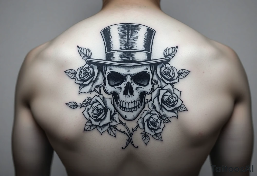 skull steampunk black top hat roses tattoo idea