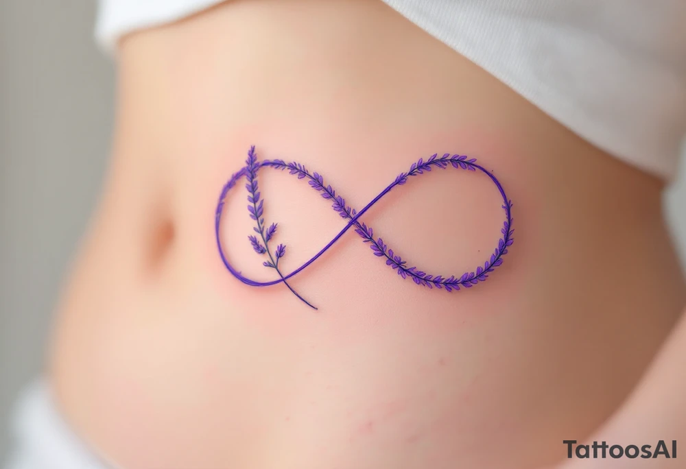An infinity symbol intertwined with a lavender stem, with a soft ombré effect blending from violet to pastel pink. tattoo idea