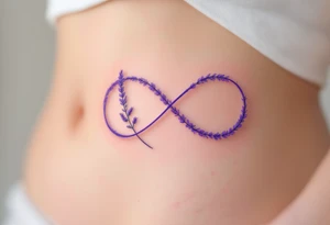 An infinity symbol intertwined with a lavender stem, with a soft ombré effect blending from violet to pastel pink. tattoo idea