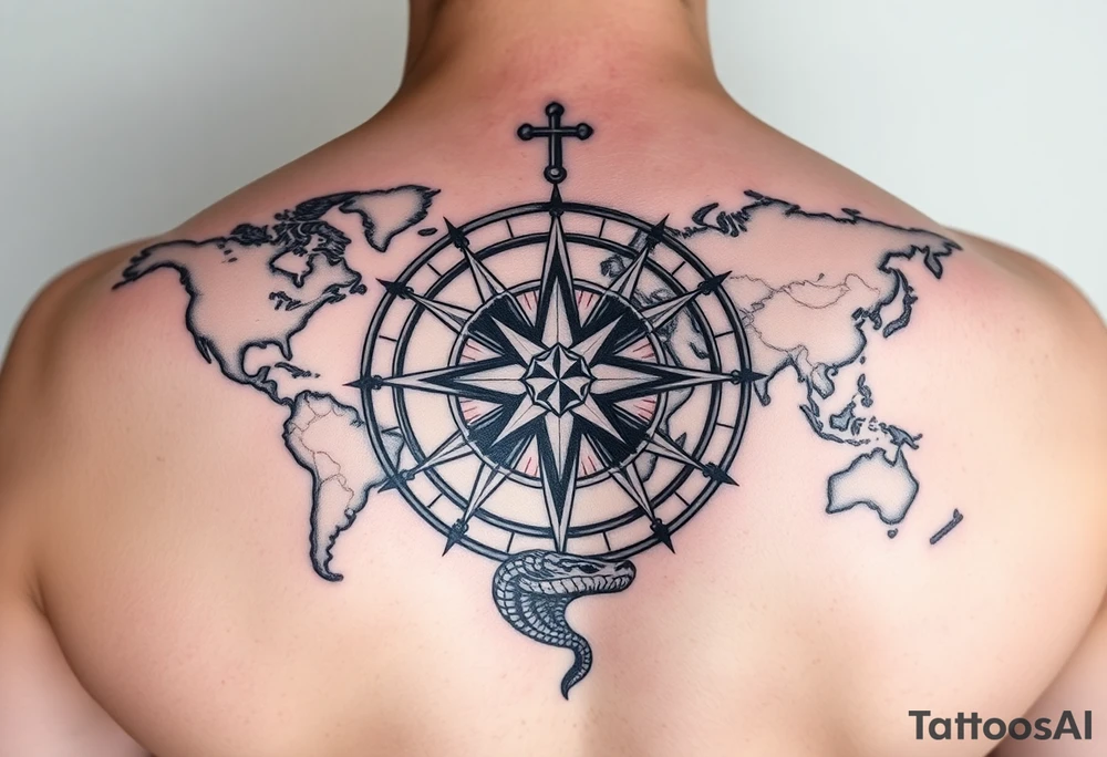 antique compass rose overlaid on weathered world map with sailing ships and a snake tattoo idea