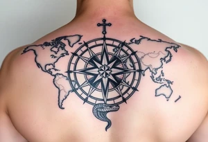 antique compass rose overlaid on weathered world map with sailing ships and a snake tattoo idea