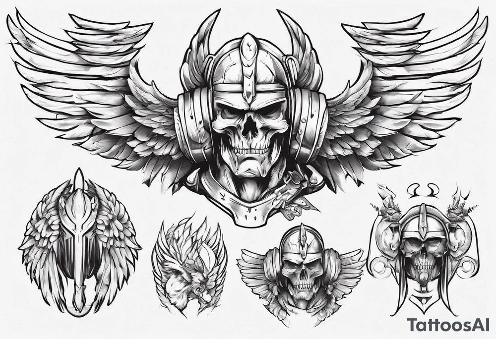 ultra-fine line linework vector of a gladiator with wings tattoo idea