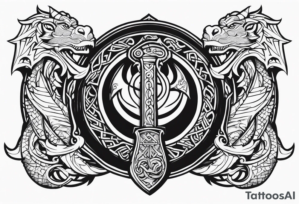 Valhalla sword shield dragon axe viking church tattoo idea Valhalla sword shield dragon axe viking church tattoo idea