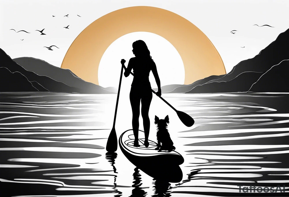 Silhouette of girl and little yorkie paddle boarding. Minimalist. Circle sun water one line tattoo idea