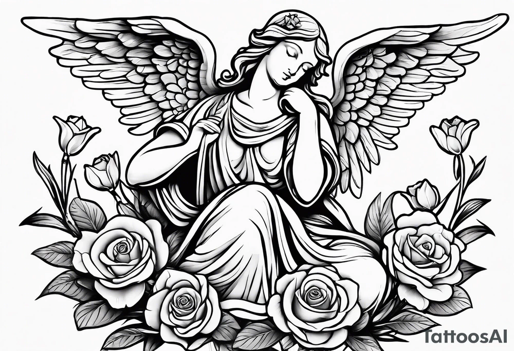 Simple Angel statue stood on a rock with daffodils and roses wrapped around its legs tattoo idea