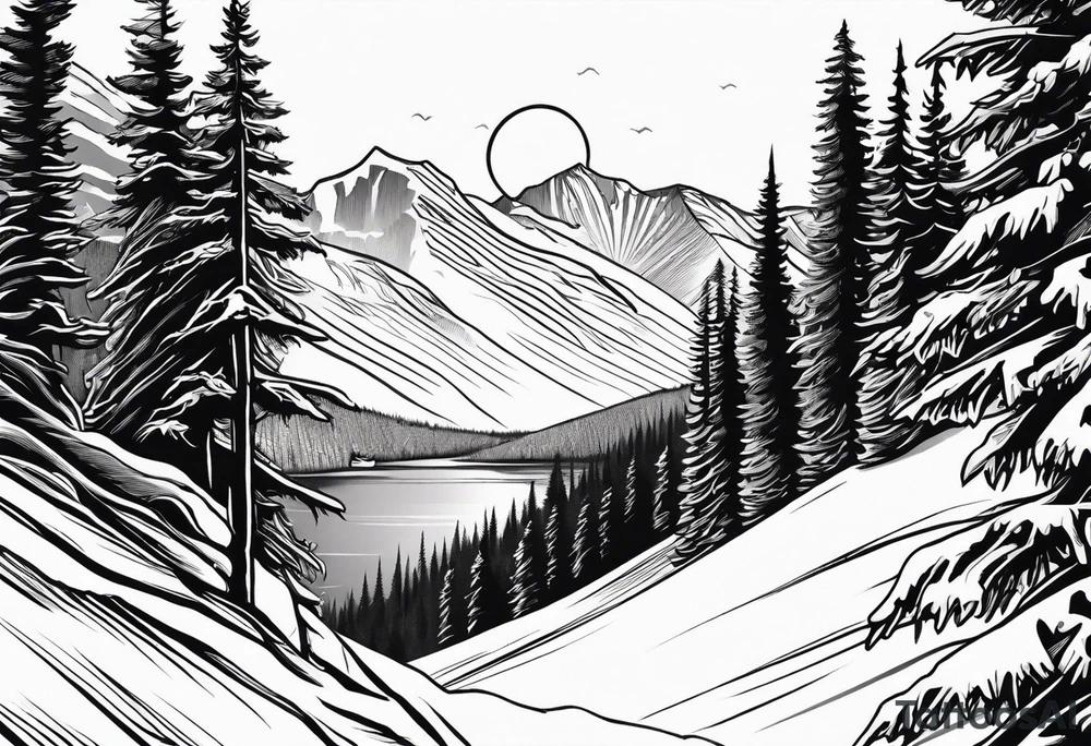snow skier in distance coming down mountain with large trees and bi bright sun with lake at the bottom tattoo idea