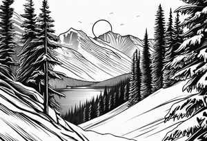 snow skier in distance coming down mountain with large trees and bi bright sun with lake at the bottom tattoo idea