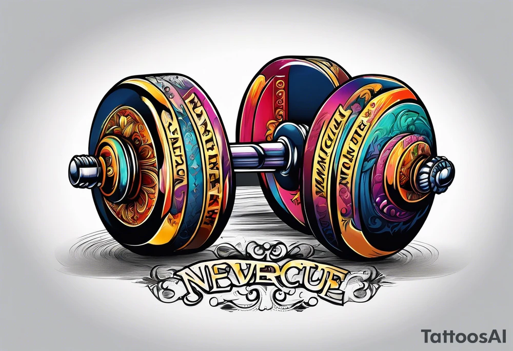 Dumbell with writing text : never enough tattoo idea
