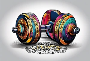 Dumbell with writing text : never enough tattoo idea