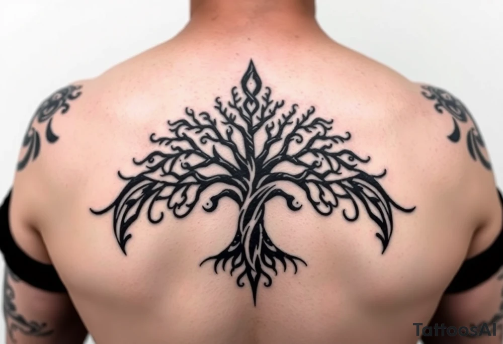 extravagant sacred nnative tree of life who roots rdrive deep into mother eart who has a faceless sillowet of grandmother tattoo idea
