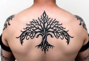 extravagant sacred nnative tree of life who roots rdrive deep into mother eart who has a faceless sillowet of grandmother tattoo idea
