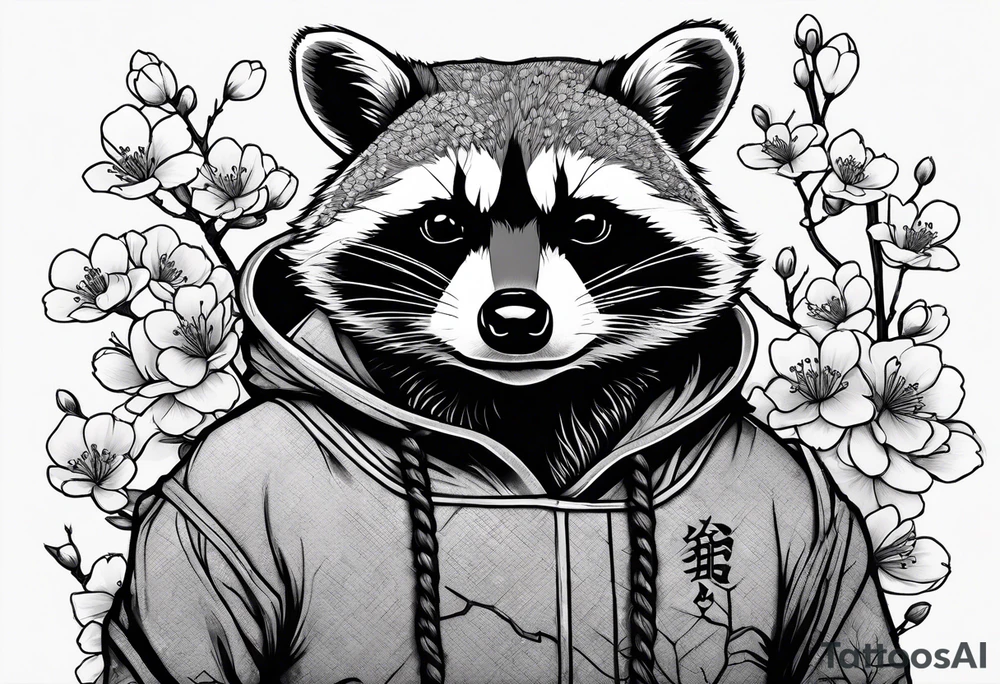 Raccoon wearing a Superman hoodie and Japanese cherry blossoms tattoo idea
