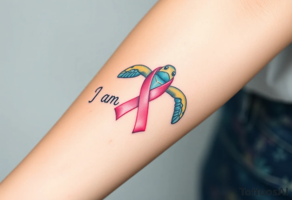 ‘I am here’ with breast cancer pink ribbon as I with Hawaiian theme sea turtle tattoo idea
