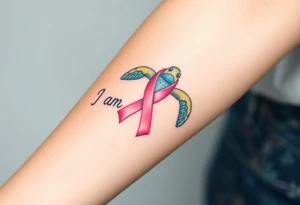 ‘I am here’ with breast cancer pink ribbon as I with Hawaiian theme sea turtle tattoo idea