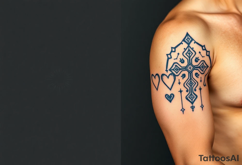 Cover right arm from shoulder to elbow, front and back.
Style is geométricas and tribal. Include healthy and wellness symbols, making a connection between the symbols. Include hearts and names of son and daughter small hidden in the symbols: Isabela, Gabriel, Laura.
Include cross tattoo idea