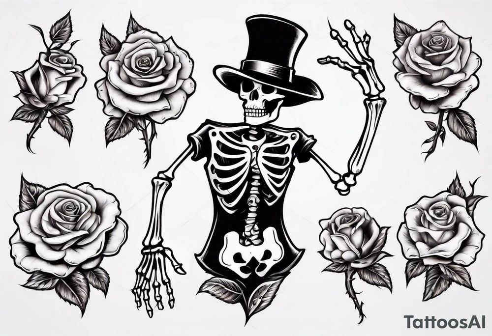 Dancing skeleton on a rose tattoo idea